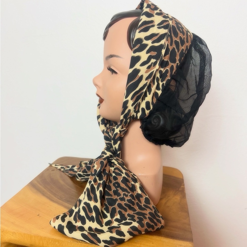 RARE 1950’s 50s Vintage Rayon Leopard Print Black Mesh Snood Scarf Head Wrap - Picture 5 of 7